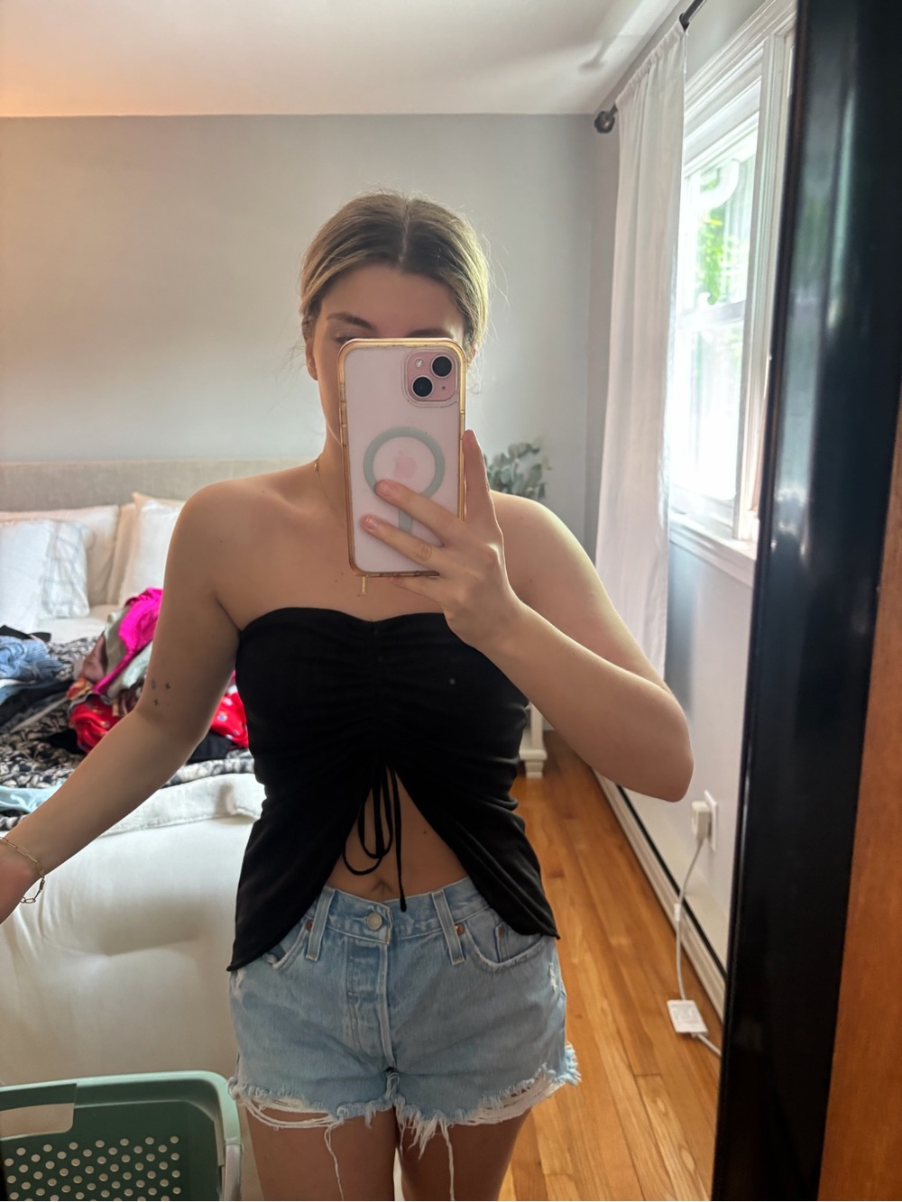 Garage Black Strapless Ruched Drawstring Crop Top